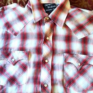 AWESOME red metallic stitch VINTAGE pearl button western shirt X-Large
